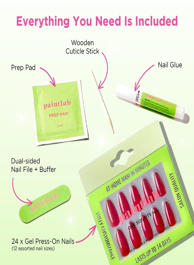PaintLab Press-On Nails Manicure Kit, True Red, 24-Piece Set, Long-Lasting Fake Nails with Glue, File, Prep Pad & Cuticle Stick - Image 3